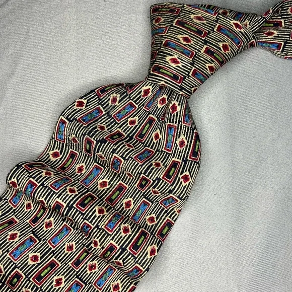 Men’s Vintage Brioni Multicolor Geometric Label VTG Designer Regular Silk Tie - Picture 1 of 4